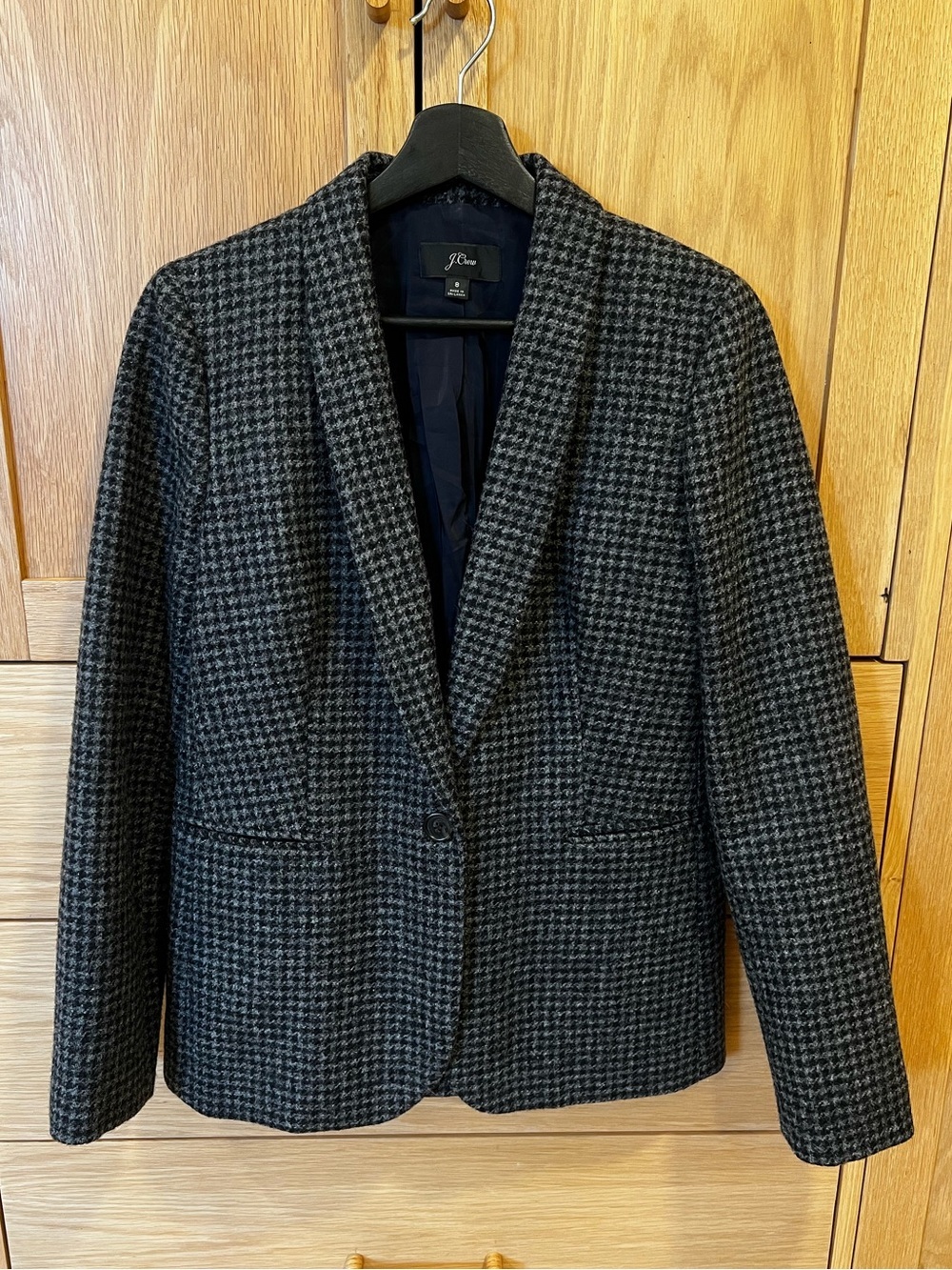J. Crew Women’s Parke Wool Blazer Black Grey Houndstooth Print Size 8 Preppy